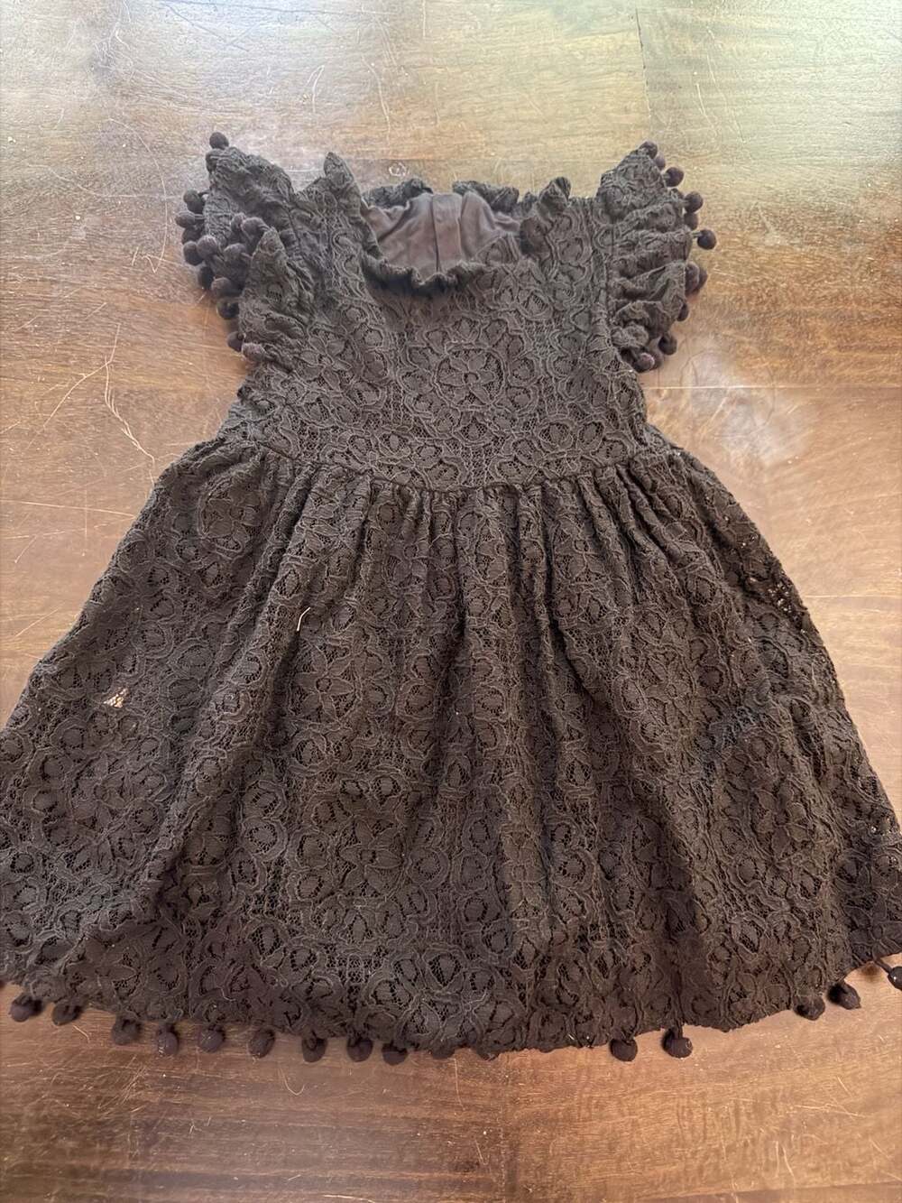 Unbranded Toddler Girls Black Lace Dress with Pompom Trim
